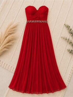Strapless Red Formal Dress with Beaded Detail